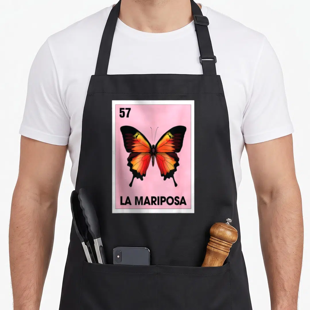 Mariposa bingo aprons - Butterfly on pink background with number 57 and LA MARIPOSA text — shown on a black cotton canvas apron against a white background