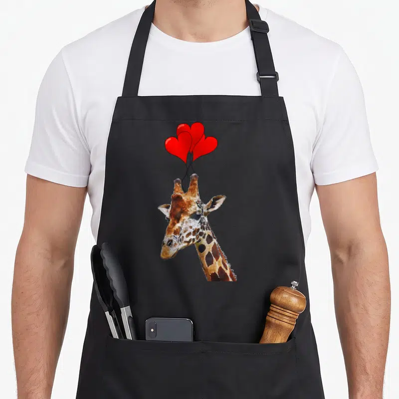 Funny giraffe animal apron - Watercolor giraffe head holding four red heart balloons on black strings — shown on a black cotton canvas apron against a white background