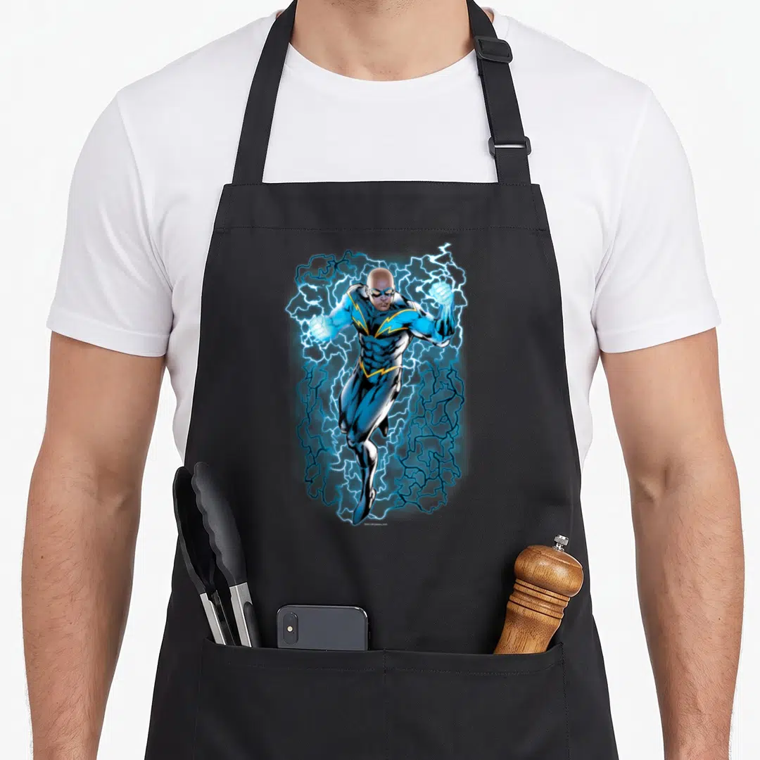 League lightning bolt apron - Superhero surrounded by blue and white lightning bolts in cartoon style with yellow — shown on a black cotton canvas apron against a white background