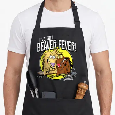 Angry beaver apron - Two cartoon beavers under I've Got Beaver Fever text on yellow circle — shown on a black cotton canvas apron against a white background