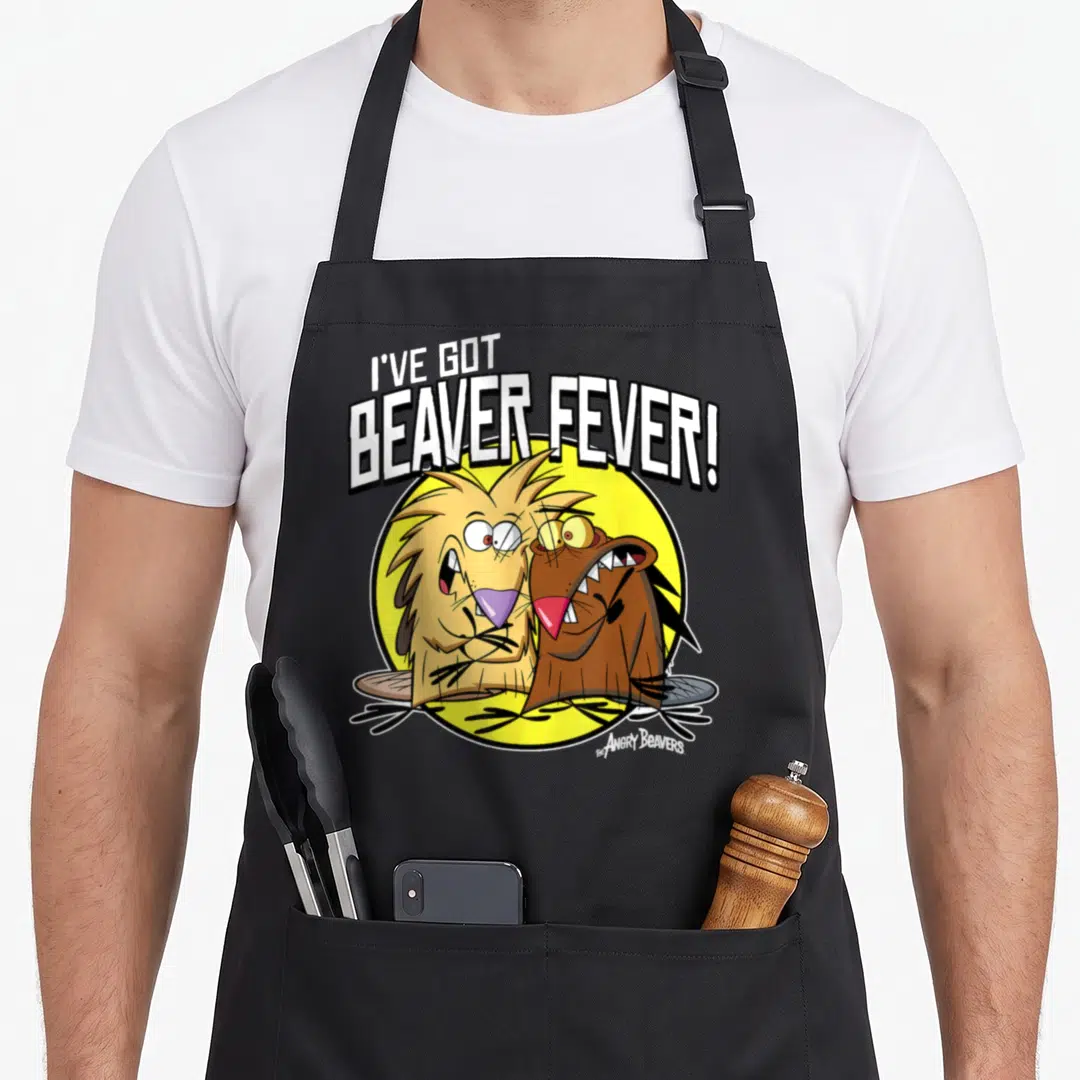 Angry beaver apron - Two cartoon beavers under I've Got Beaver Fever text on yellow circle — shown on a black cotton canvas apron against a white background