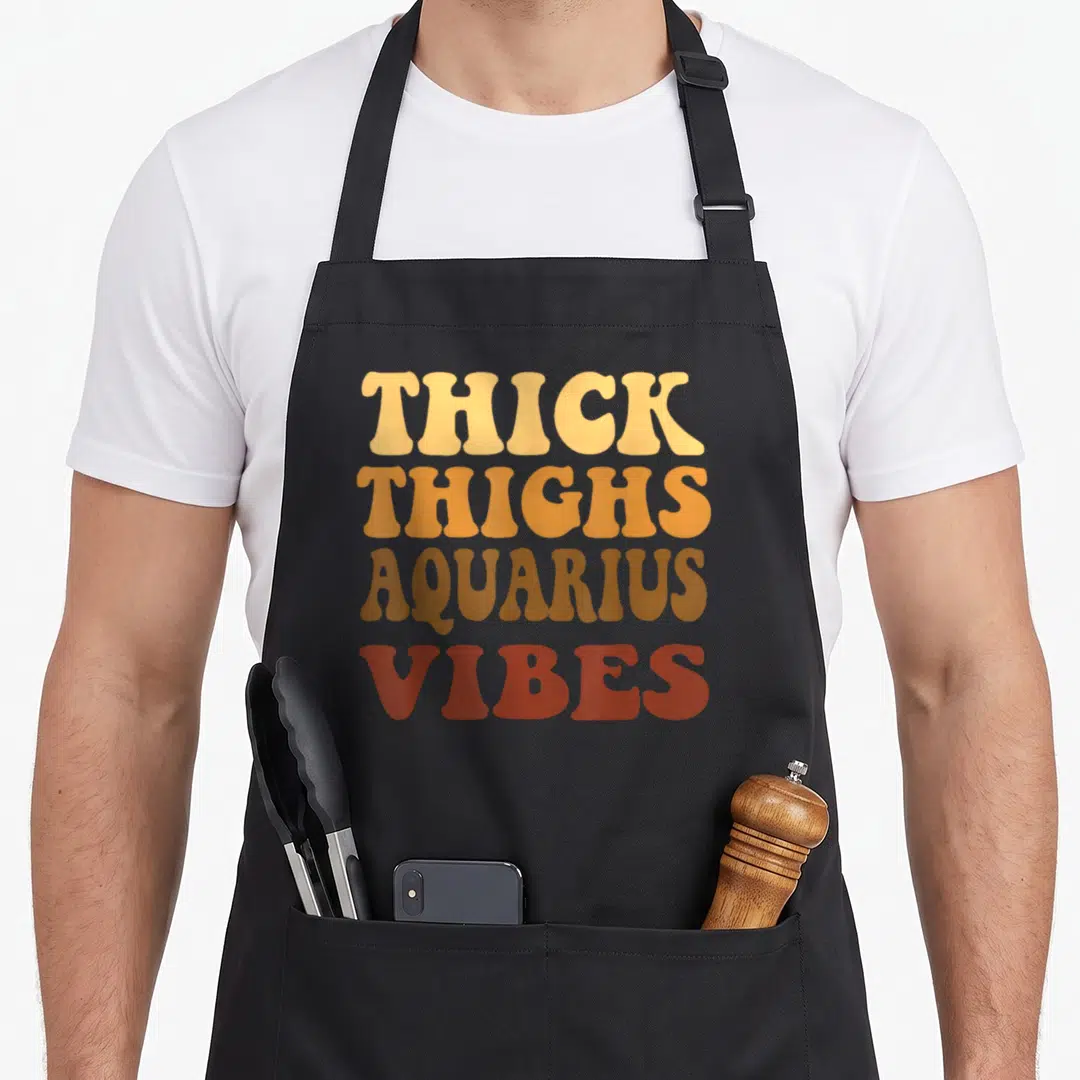 Aquarius thick aprons - Retro stacked text reading THICK THIGHS AQUARIUS VIBES in orange and brown gradient font — shown on a black cotton canvas apron against a white background