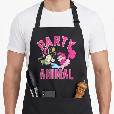 Friendship pie apron - Pink pony firing party popper with balloons and confetti under arched PARTY ANIMAL text — shown on a black cotton canvas apron against a white background