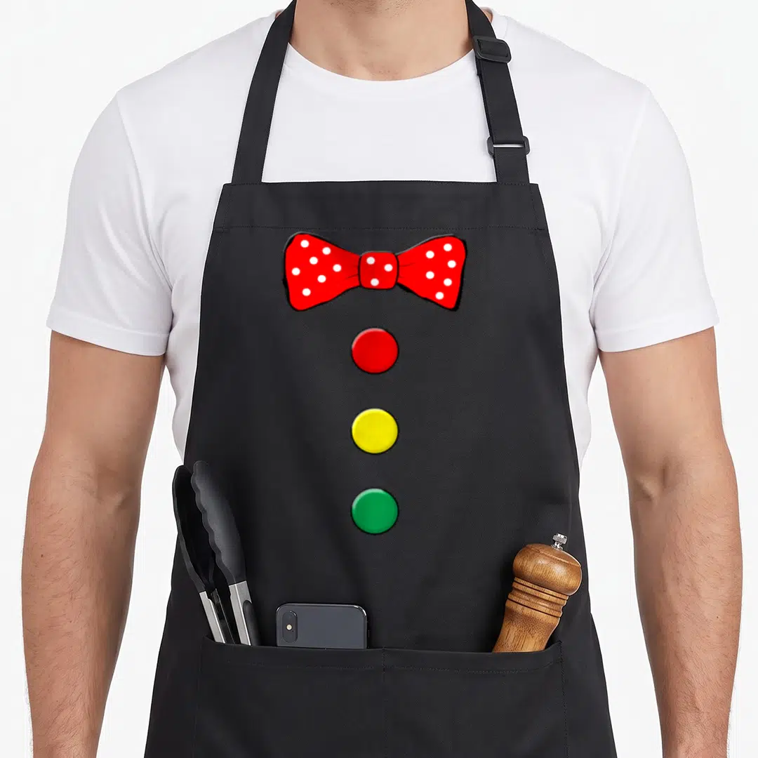 Halloween clown aprons - Red polka dot bow tie above three red yellow and green buttons — shown on a black cotton canvas apron against a white background