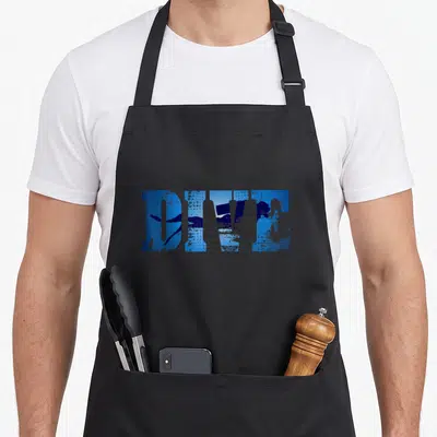 Diver diving lover apron - Blue DIVE typography containing a diver silhouette on a black apron — shown on a black cotton canvas apron against a white background