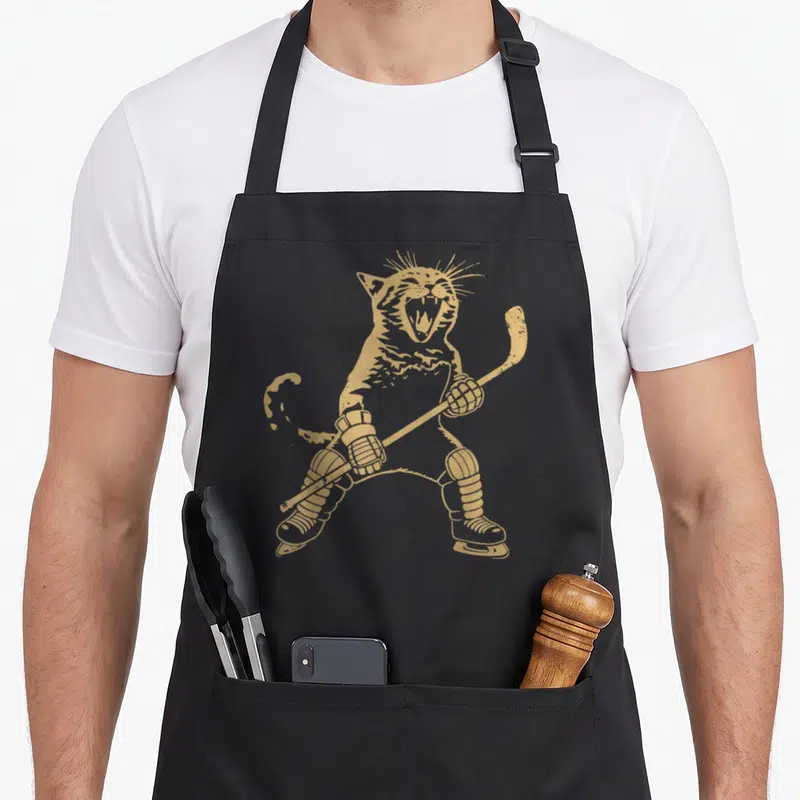 Sport cat apron - Gold line art of a cat wearing skates and holding a hockey stick — shown on a black cotton canvas apron against a white background
