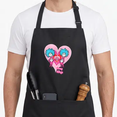 Lovey general apron - Thing 1 and Thing 2 characters holding hands inside pink hearts with Lovey Things text — shown on a black cotton canvas apron against a white background