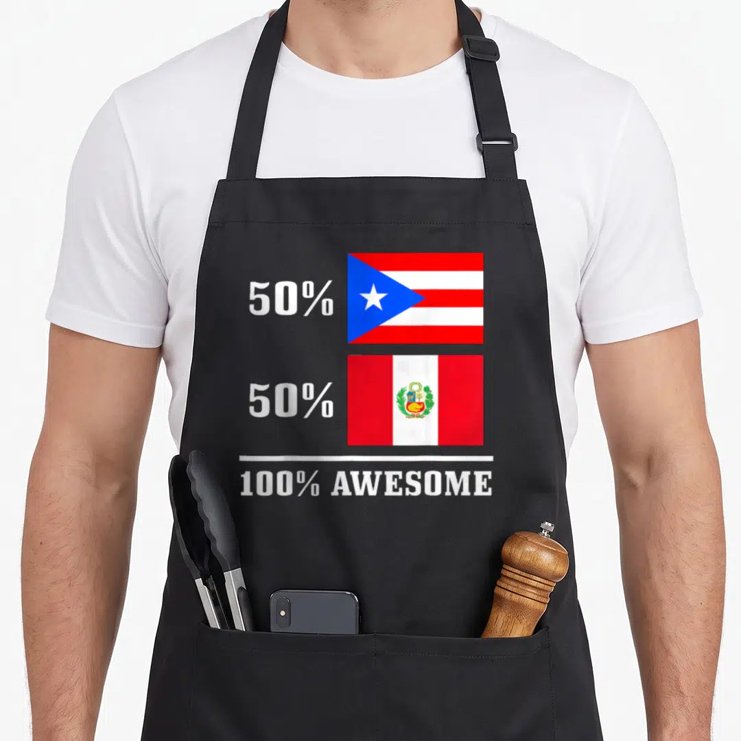 Rico peru pride apron - Two stacked flags with 50% 50% 100% AWESOME white text on black background — shown on a black cotton canvas apron against a white background
