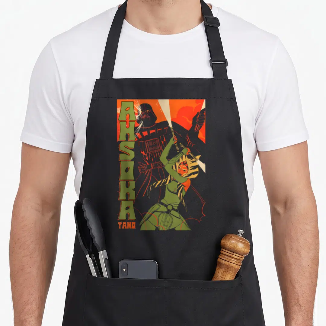 Poster war apron - Vertical AHSOKA TANO text with Ahsoka Tano and Darth Vader in orange green grey retro style — shown on a black cotton canvas apron against a white background