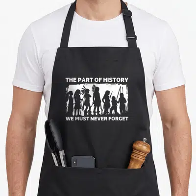 History parts of an apron - White silhouettes of Native Americans with text The Part of History We Must Never Forget — shown on a black cotton canvas apron against a white background