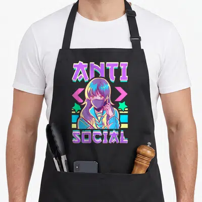 Anti social anime apron - Neon anime girl in mask with ANTI SOCIAL text, pink arrows, green stars, and colorful stripes — shown on a black cotton canvas apron against a white background
