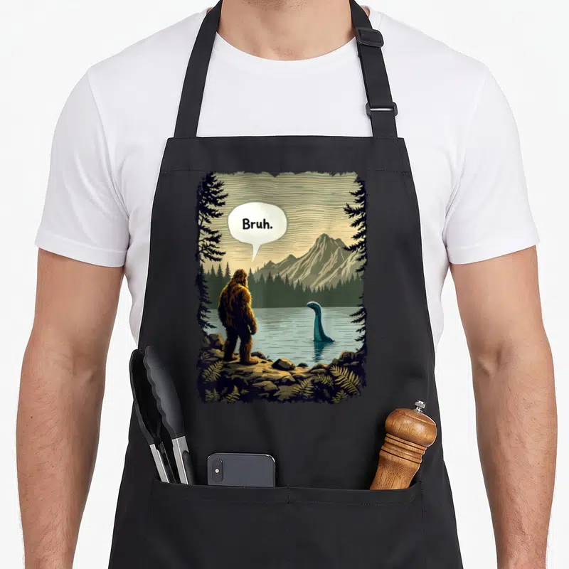 Bruh bigfoot apron - Cartoon Bigfoot standing on rocks saying Bruh to a blue-grey lake monster near mountains — shown on a black cotton canvas apron against a white background