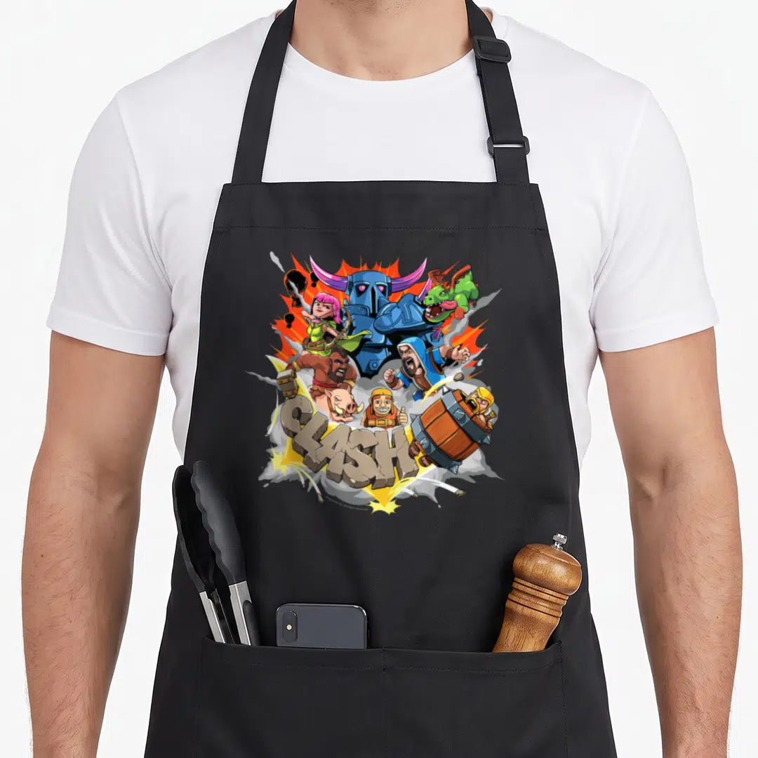 Chaotic battle royale apron - Fantasy characters and dragon around blue armor with CLASH stone letters over explosion — shown on a black cotton canvas apron against a white background