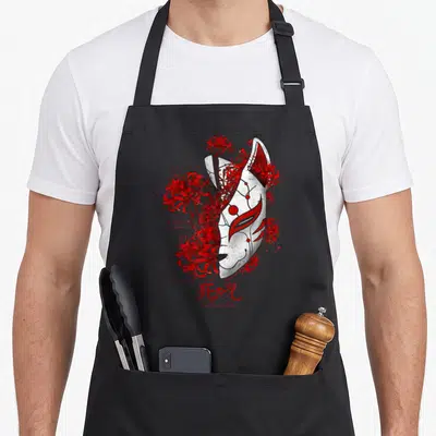 Anime white lily apron - Cracked white kitsune mask surrounded by red spider lilies with Japanese text and English — shown on a black cotton canvas apron against a white background