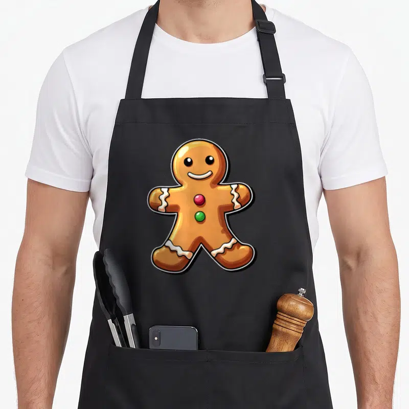 Gingerbread christmas holiday baking apron - Cartoon gingerbread man with white icing and red and green candy buttons — shown on a black cotton canvas apron against a white background