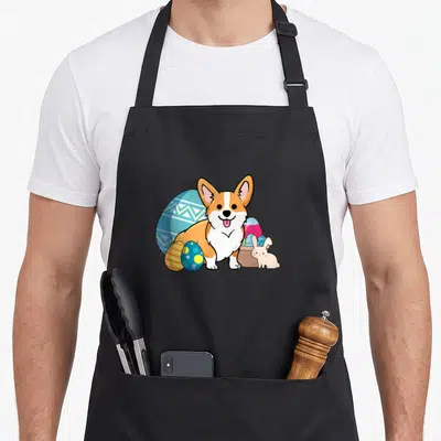 Corgi basket apron - Cartoon corgi with decorated easter eggs and bunny in basket — shown on a black cotton canvas apron against a white background