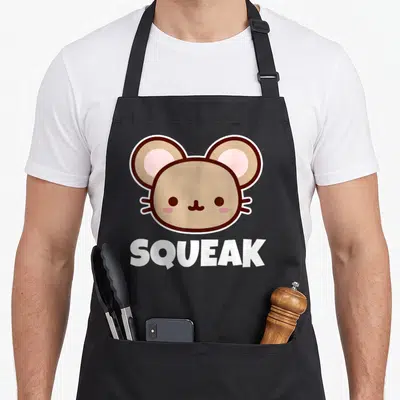 Squeak mouse lover apron - Cartoon mouse head with pink ears above white SQUEAK text on black background — shown on a black cotton canvas apron against a white background