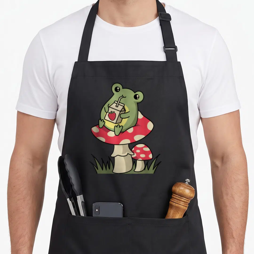 Wowsome strawberry apron - Cartoon green frog on red polka dot mushroom holding strawberry juice box — shown on a black cotton canvas apron against a white background