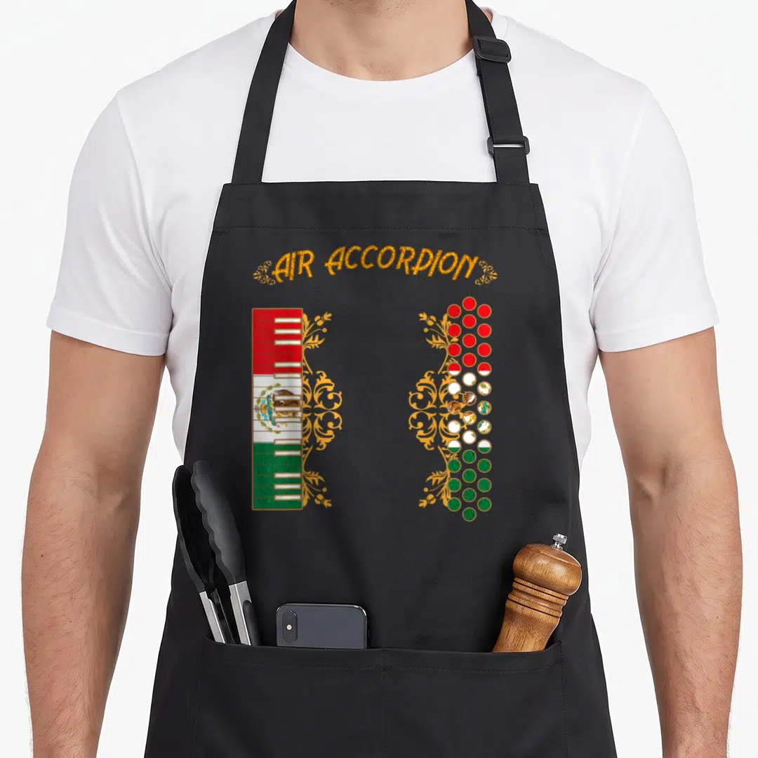 Accordion mexican apron - AIR ACCORDION text over split instrument with flag colors and gold filigree — shown on a black cotton canvas apron against a white background