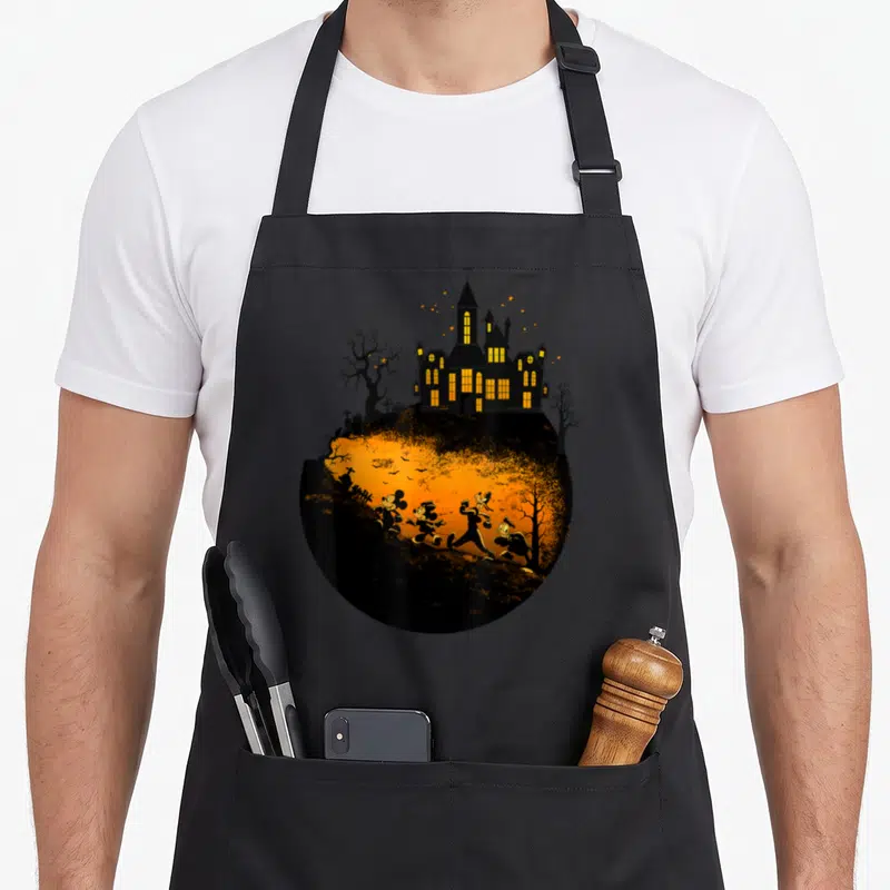 Halloween shot friends cooking apron - Circular haunted house with four characters running across orange landscape — shown on a black cotton canvas apron against a white background