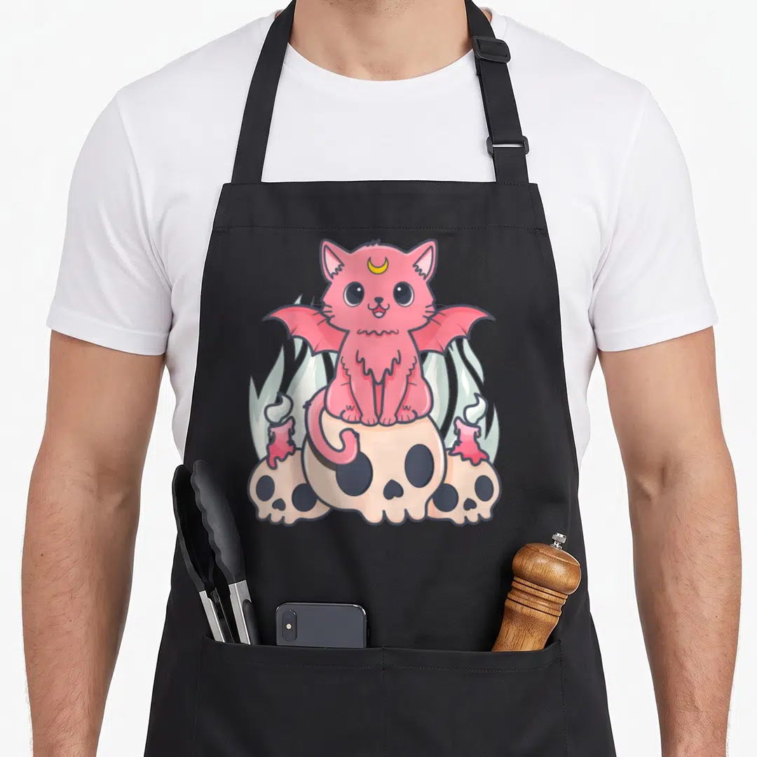 Kawaii anime cooking apron - Pink winged cat on skulls with light blue flames and yellow moon — shown on a black cotton canvas apron against a white background