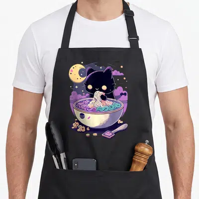 Creepy kawaii cat apron - Black cat eating noodles under a yellow moon with purple clouds — shown on a black cotton canvas apron against a white background