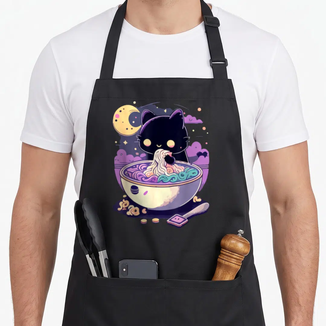 Creepy kawaii cat apron - Black cat eating noodles under a yellow moon with purple clouds — shown on a black cotton canvas apron against a white background