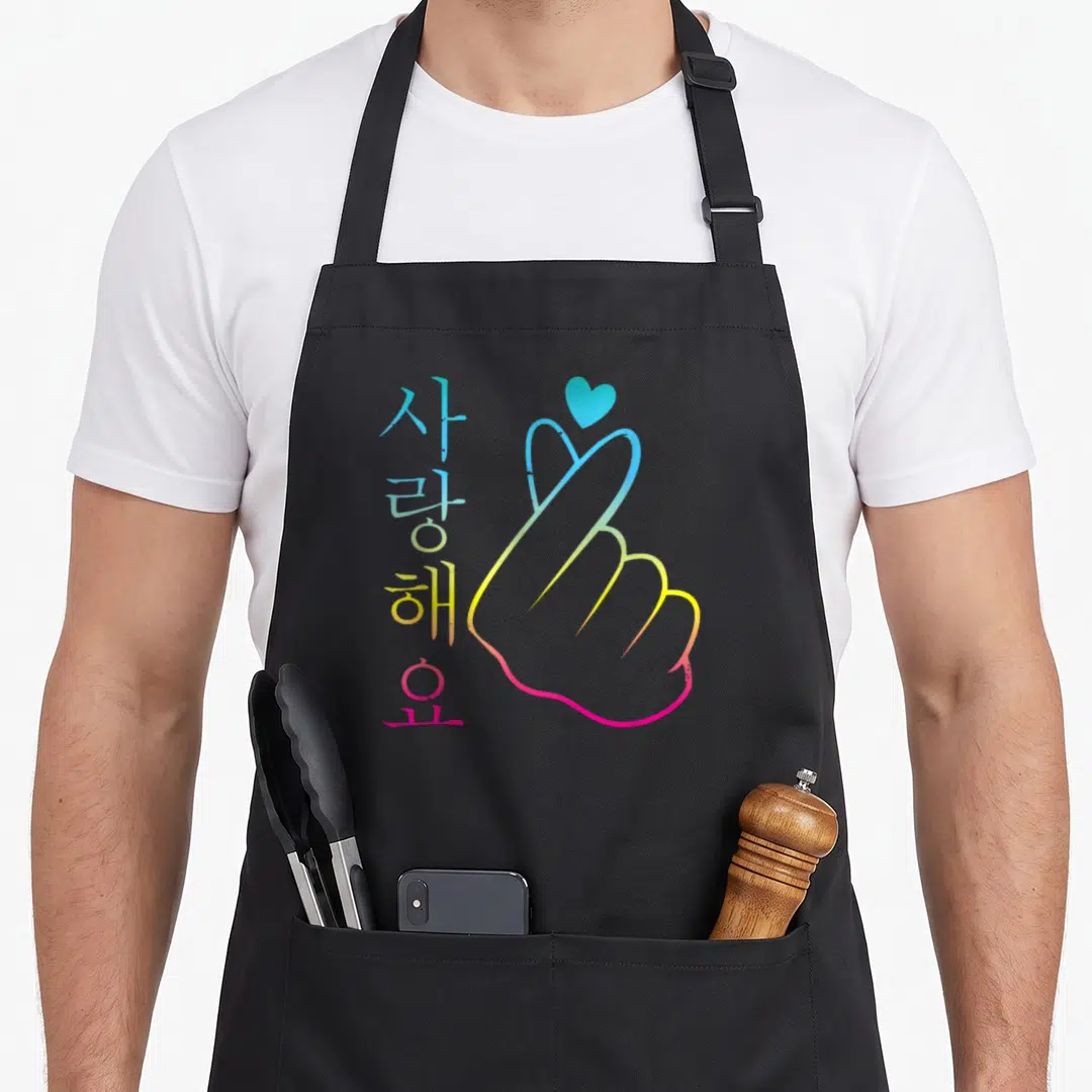 Saranghae girls korean apron - Vertical Korean text next to a gradient finger heart with a floating blue heart above it — shown on a black cotton canvas apron against a white background