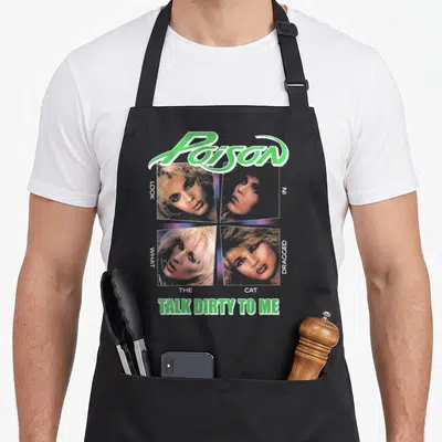 Poison the dirty apron - Green Poison logo above four photo grid and Talk Dirty To Me text — shown on a black cotton canvas apron against a white background