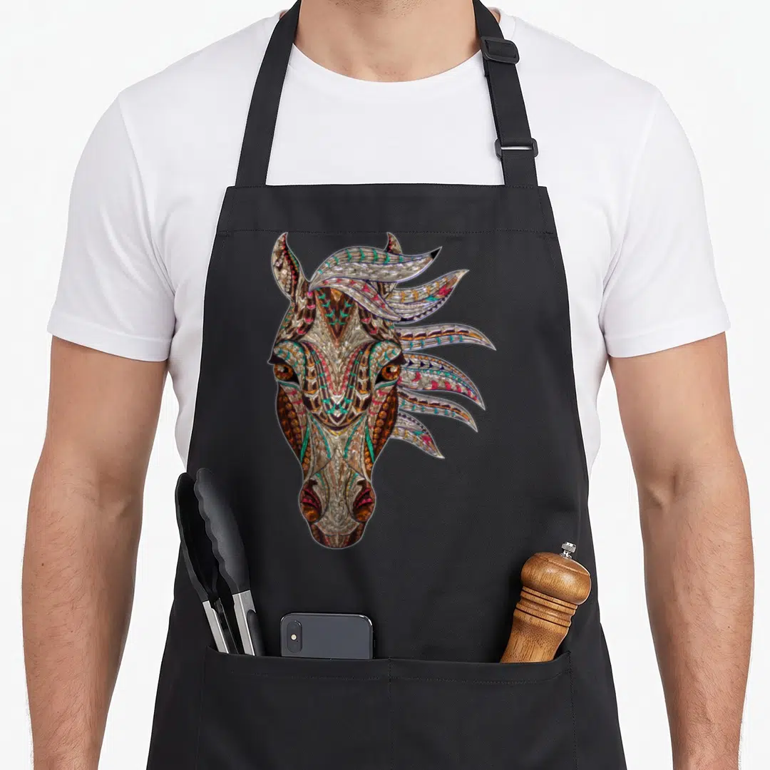 Horse native american apron - Detailed horse head in brown teal gold and red tribal abstract art style — shown on a black cotton canvas apron against a white background