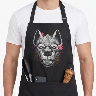 Cool hyena apron - Distressed grey cougar head with red and brown paint splatters on black background — shown on a black cotton canvas apron against a white background