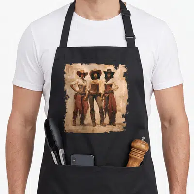 African cowgirl western apron - Three cowgirls in corsets and hats standing side by side in brown, tan, white, and red — shown on a black cotton canvas apron against a white background