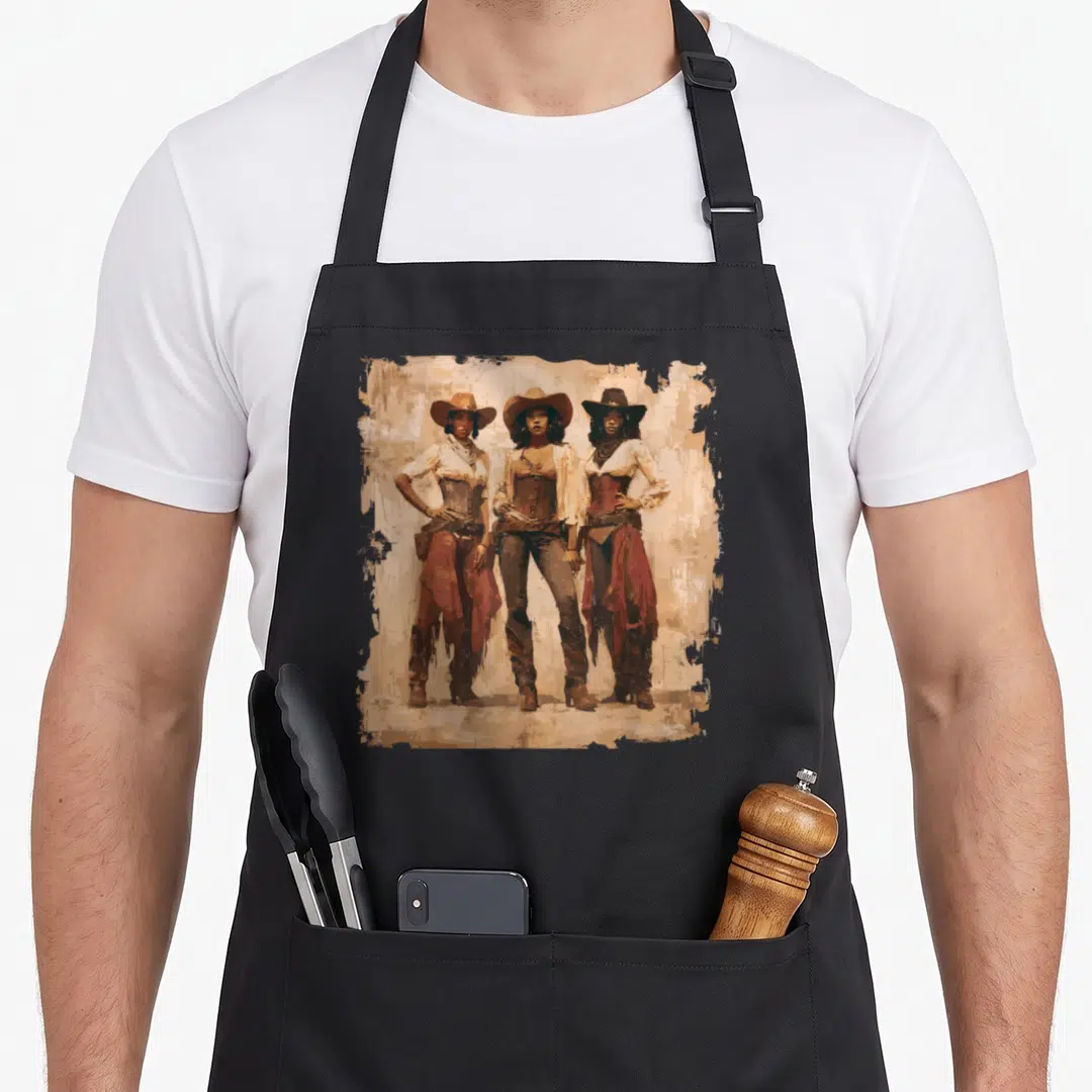African cowgirl western apron - Three cowgirls in corsets and hats standing side by side in brown, tan, white, and red — shown on a black cotton canvas apron against a white background