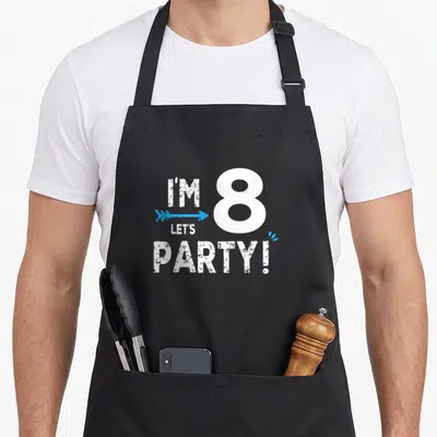 8th chef outfit apron - Distressed white text I'M 8 LET'S PARTY with blue arrow and number 8 — shown on a black cotton canvas apron against a white background
