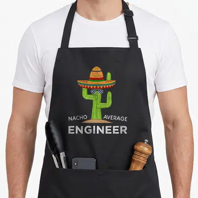 Funny engineering engineer apron - Cactus in sombrero and sunglasses with Nacho Average Engineer text — shown on a black cotton canvas apron against a white background