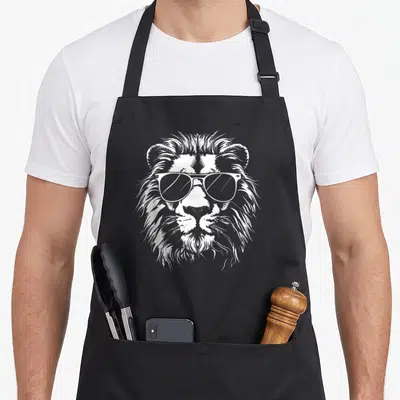 Animal lion apron - White line-art lion head wearing sunglasses, centered graphic on apron front — shown on a black cotton canvas apron against a white background