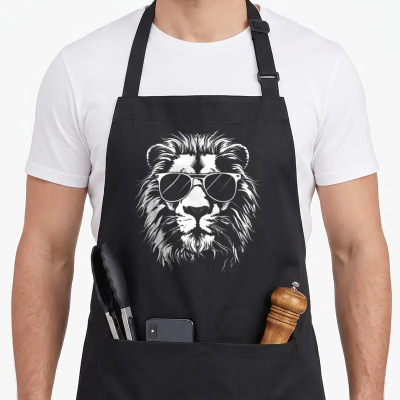 Animal lion apron - White line-art lion head wearing sunglasses, centered graphic on apron front — shown on a black cotton canvas apron against a white background