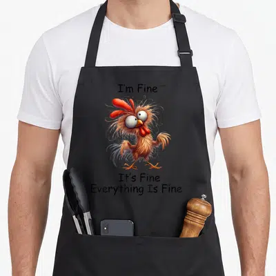 Vintage fine chicken apron - Brown cartoon chicken with red comb between text I'm Fine and Everything Is Fine — shown on a black cotton canvas apron against a white background