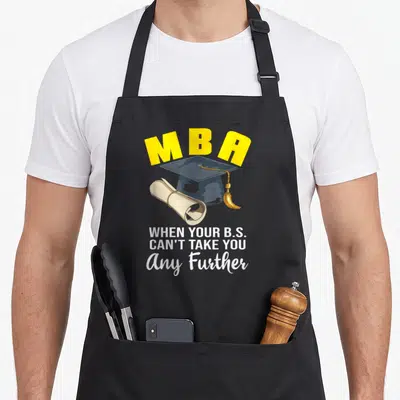 Administration master apron - MBA text over grey graduation cap and beige diploma with white pun text below — shown on a black cotton canvas apron against a white background
