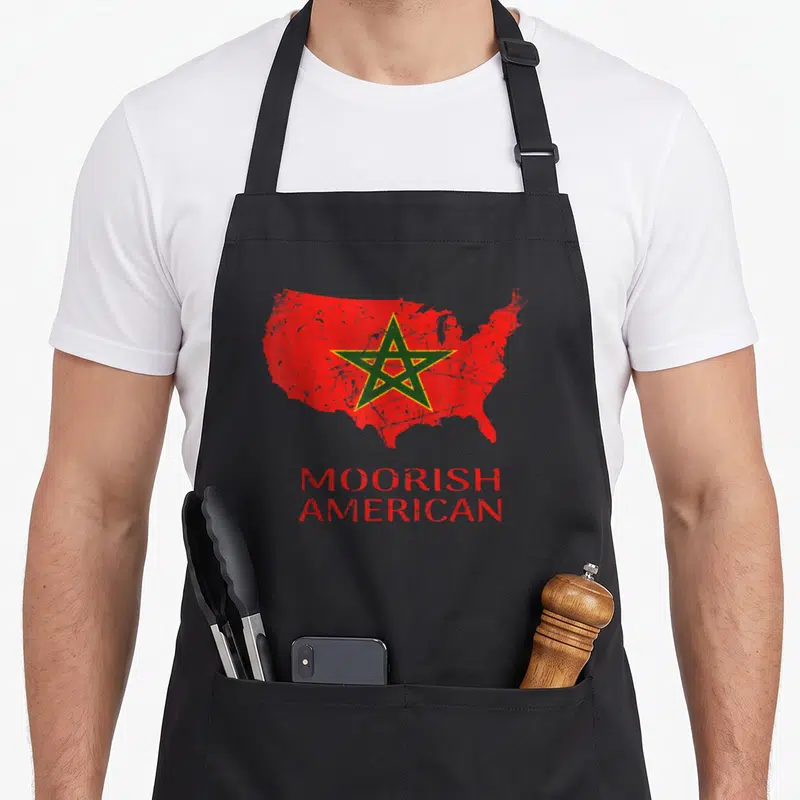 Amexem american flag apron - Red USA map with green star and yellow outline above stacked MOORISH AMERICAN text — shown on a black cotton canvas apron against a white background