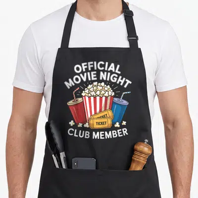Vintage movie family aprons - Popcorn bucket with red and blue drinks, two tickets, and official movie night club — shown on a black cotton canvas apron against a white background