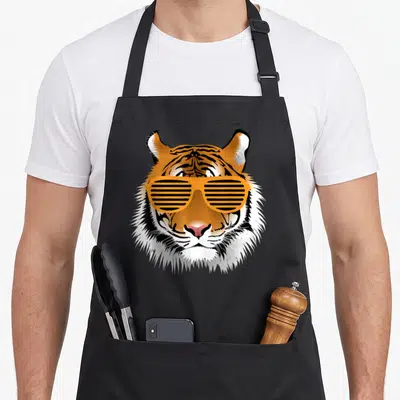 Birthday striped apron - Cartoon tiger head with orange shutter shades on black background — shown on a black cotton canvas apron against a white background