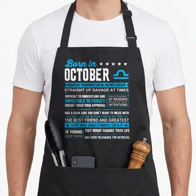 Funny libra birthday apron - Born in October Libra text with blue ribbons, stars, and zodiac symbol listing sarcastic — shown on a black cotton canvas apron against a white background