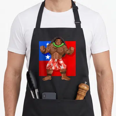Samoan pride apron - Cartoon muscular man in red floral sarong and green beads standing before red and blue flag — shown on a black cotton canvas apron against a white background