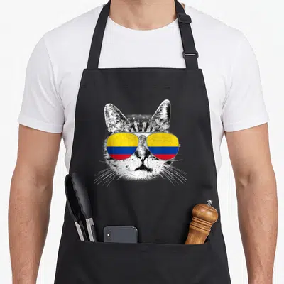 Colombia cat apron - Distressed grey tabby cat head wearing aviator sunglasses with yellow blue and red flag lenses — shown on a black cotton canvas apron against a white background
