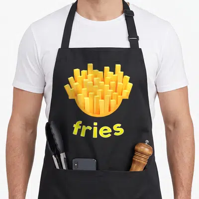 Shirtzilla french apron - Cartoon yellow and orange french fries container above the word fries — shown on a black cotton canvas apron against a white background