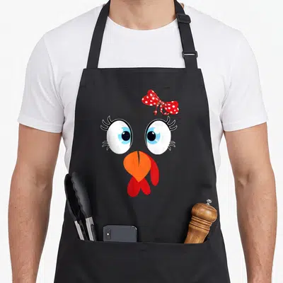 Family thanksgiving aprons - Cartoon chicken face with red polka-dot bow, blue eyes, orange beak, red wattle — shown on a black cotton canvas apron against a white background