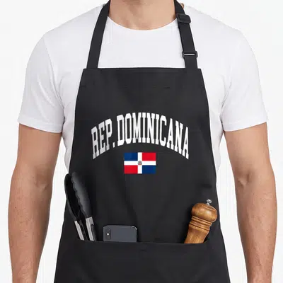 Republic dominicana dominican apron - Arched REP. DOMINICANA text above Dominican Republic flag with central coat — shown on a black cotton canvas apron against a white background