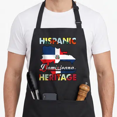 Dominican hispanic aprons - Map of Dominican Republic filled with flag colors surrounded by Hispanic Heritage text — shown on a black cotton canvas apron against a white background