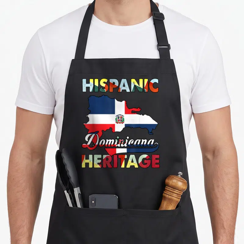 Dominican hispanic aprons - Map of Dominican Republic filled with flag colors surrounded by Hispanic Heritage text — shown on a black cotton canvas apron against a white background